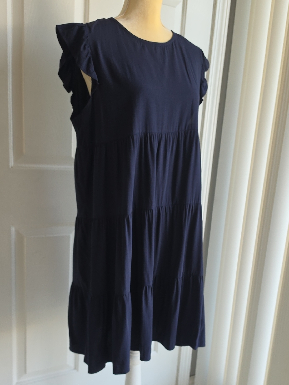 Navy Babydoll Tiered Midi Dress with Flutter Sleeves